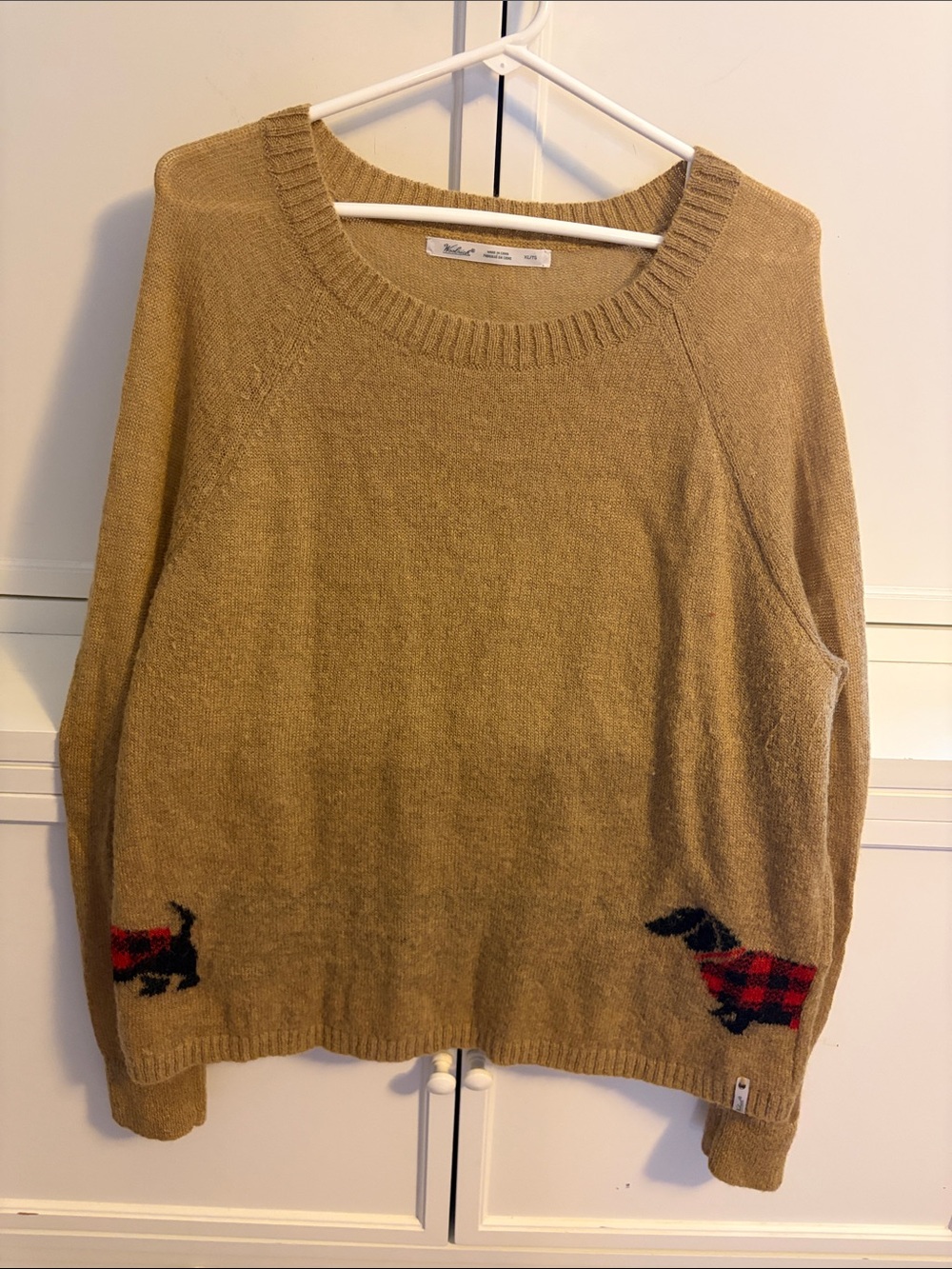 Woolrich Tan Crewneck Sweater with Plaid Dachshund Motif
